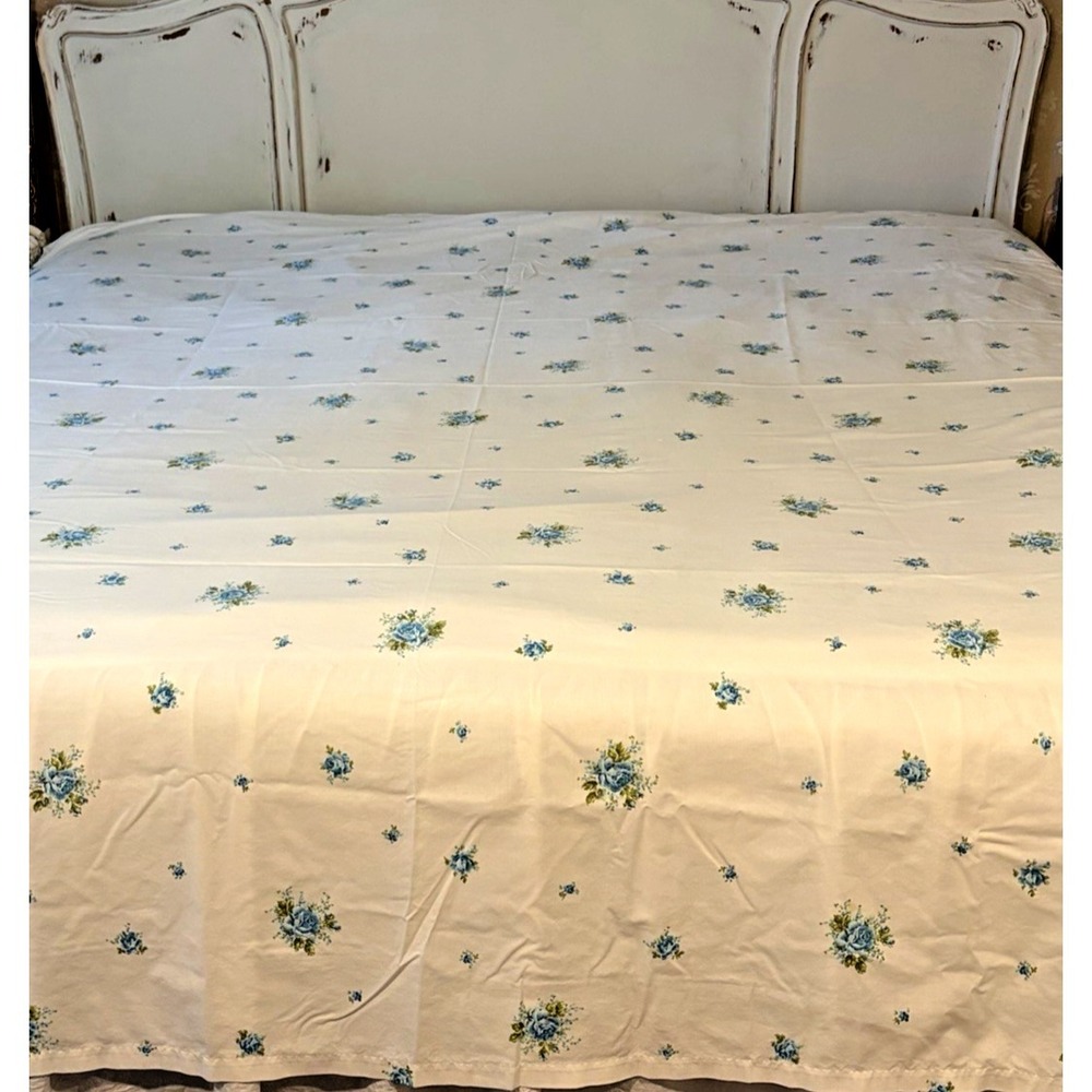 Vintage Springmaid Wondercale Double Flat Sheet 2 Pillowcases Blue Floral Shabby